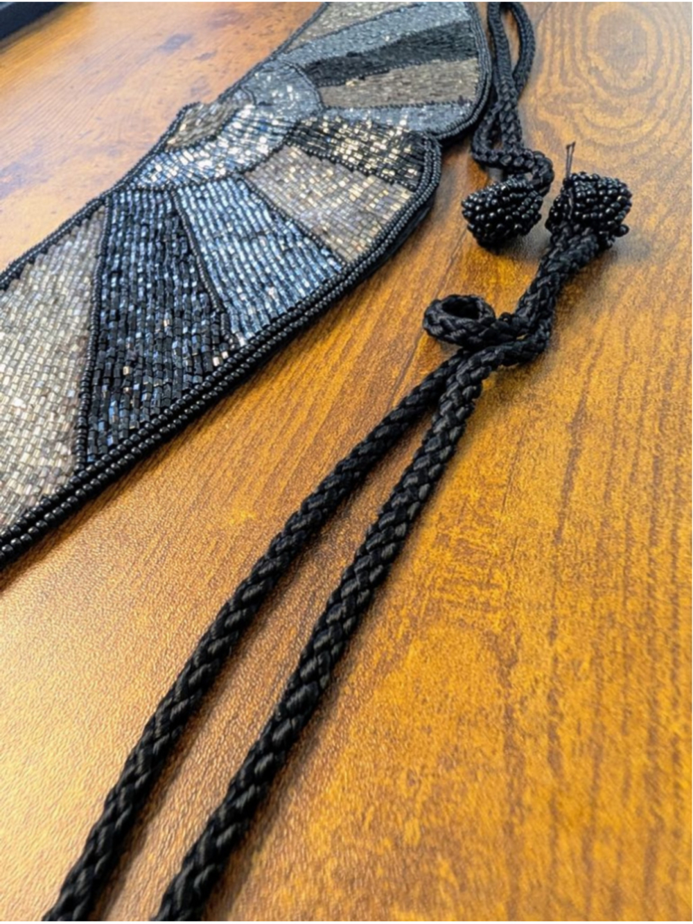 Vintage Black Silver Beaded Tie Belt or Art Deco Style Beaded Waist Sash Belt - Picture 4 of 12